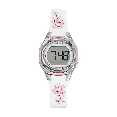 Montre digitale, bracelet synthétique blanc avec motifs roses et gris